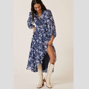 NWT Anthropologie Hutch Geo Wrap Maxi Dress XXS Blue $198 HTF Lined 2XS